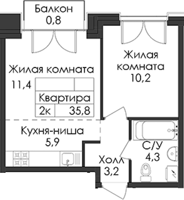 1-комнатная квартира 35.8 м², 5/9 эт., ЖК «Лермонтовский 54»